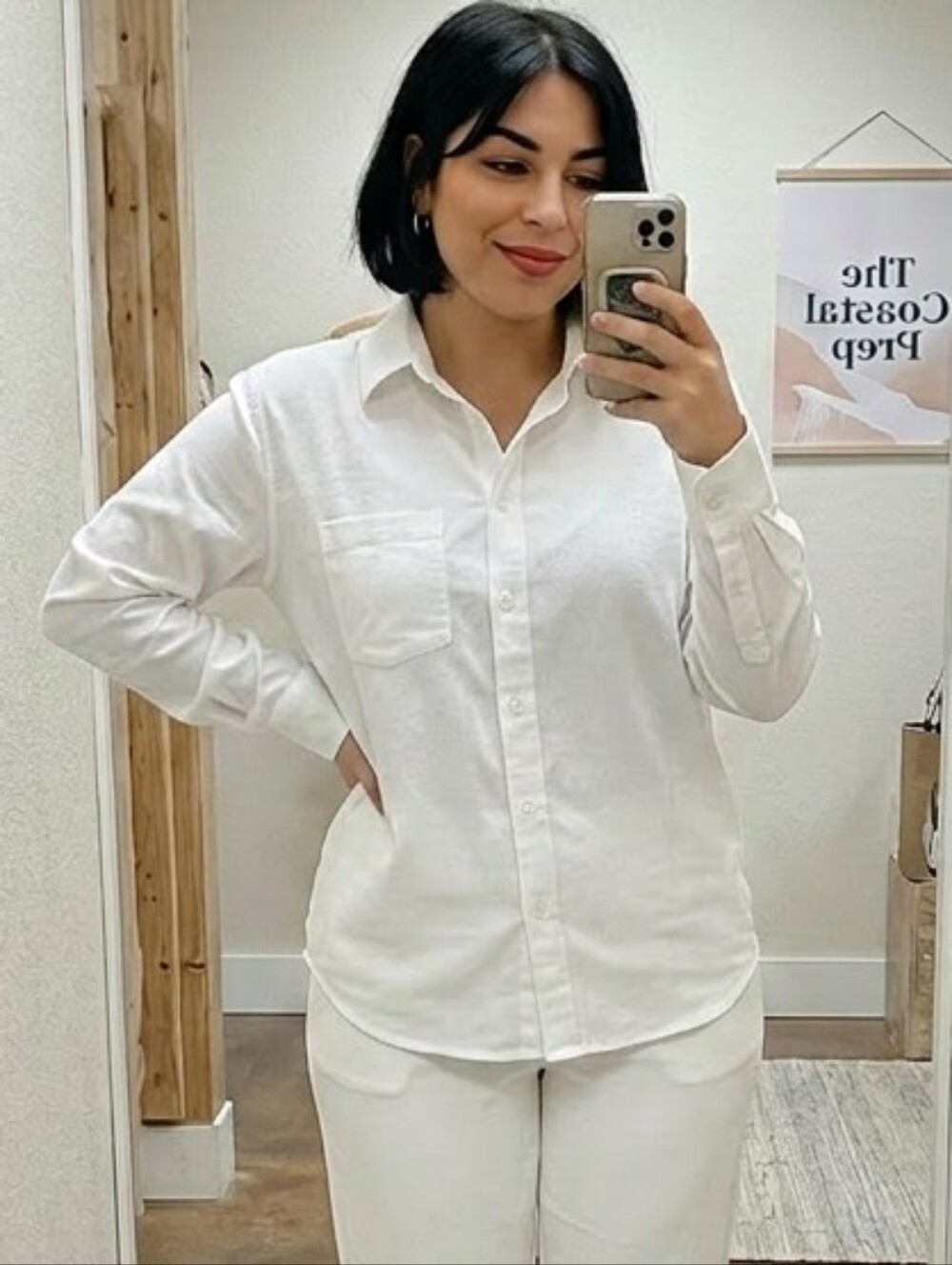 Active USA Long Sleeve Natural Linen Blend Button Front Collared Shirt